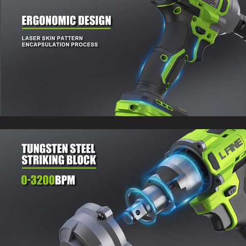 L FINE cordless impact wrench shown with built-in LED for dark work areas.