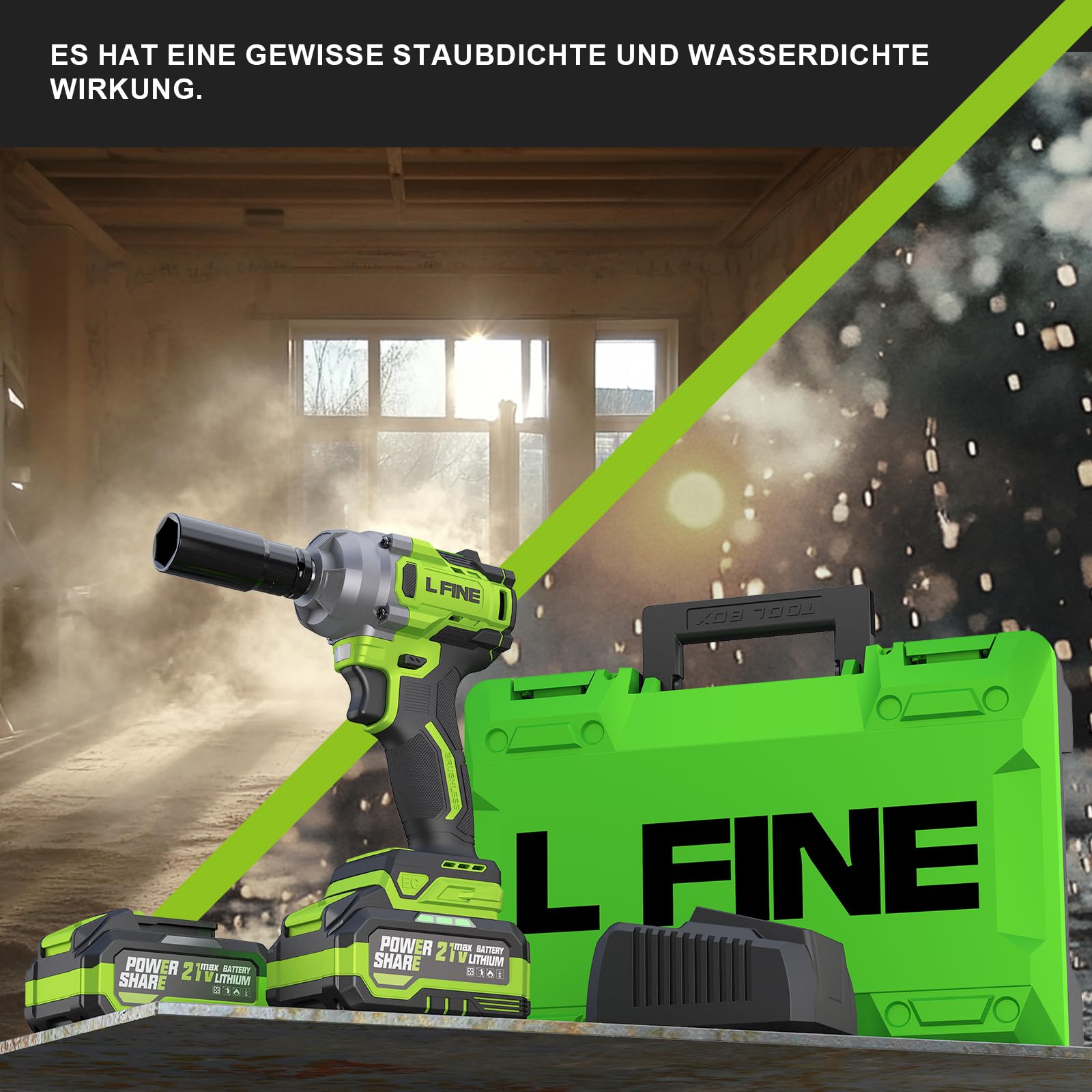 L FINE kit includes two 4.0Ah batteries and a fast charger for quick returns.