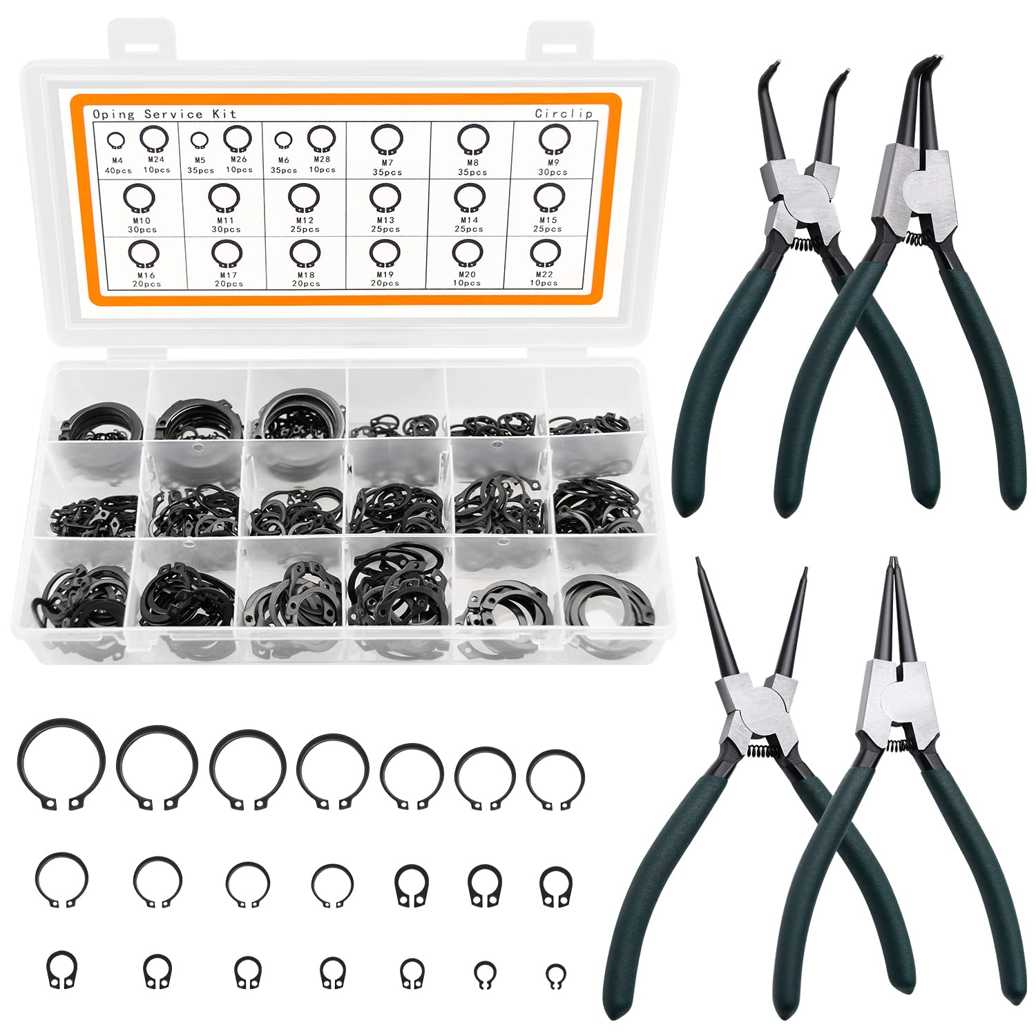LFSEMINI 500pc snap ring set with four pliers for versatile repairs