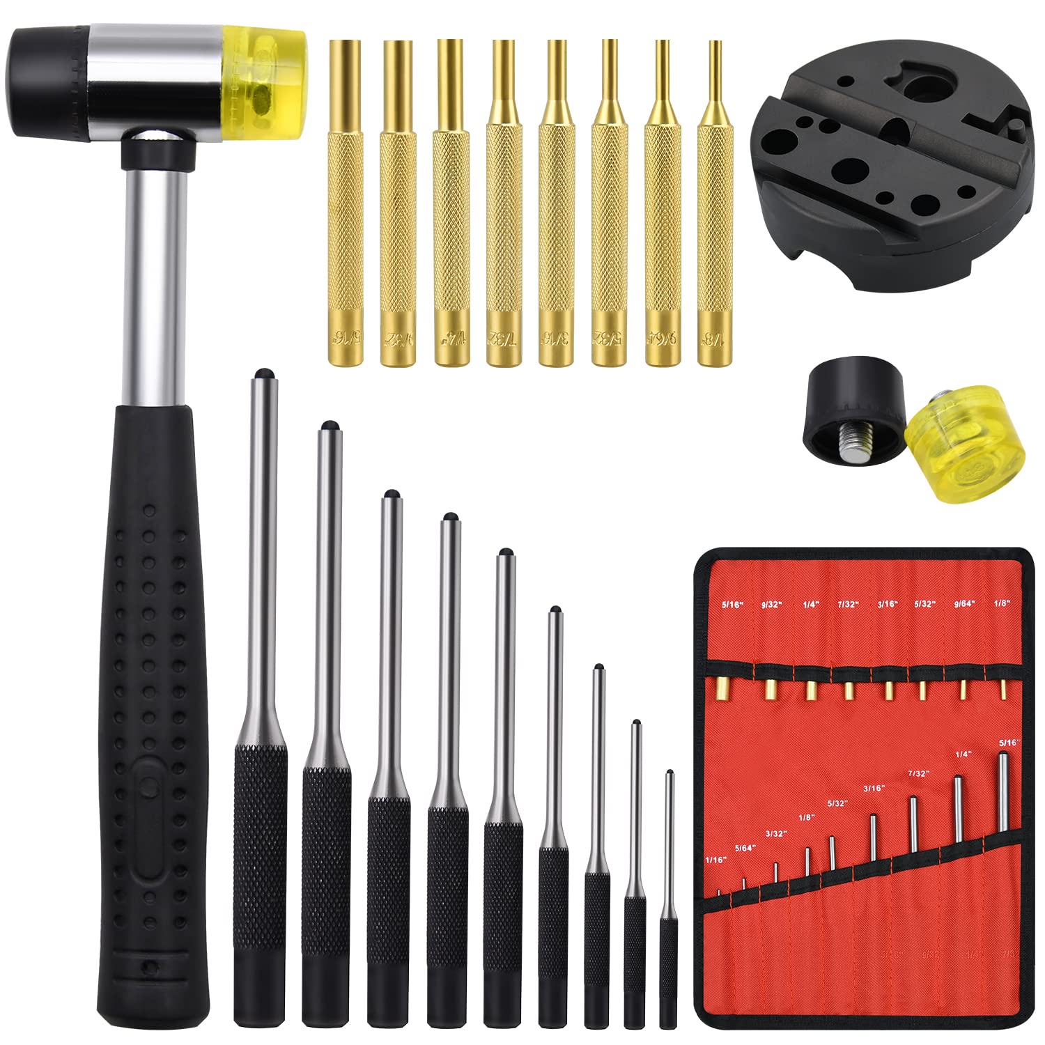 LFSEMINI brass pin punches shown with red storage pouch for organized portability.