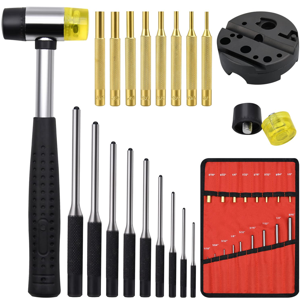 LFSEMINI brass pin punches shown with red storage pouch for organized portability.