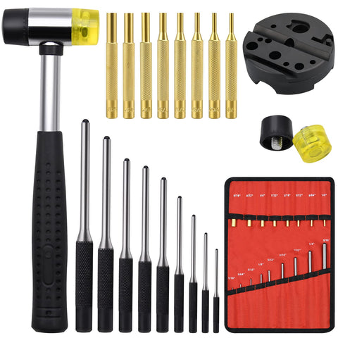 LFSEMINI brass pin punches shown with red storage pouch for organized portability.