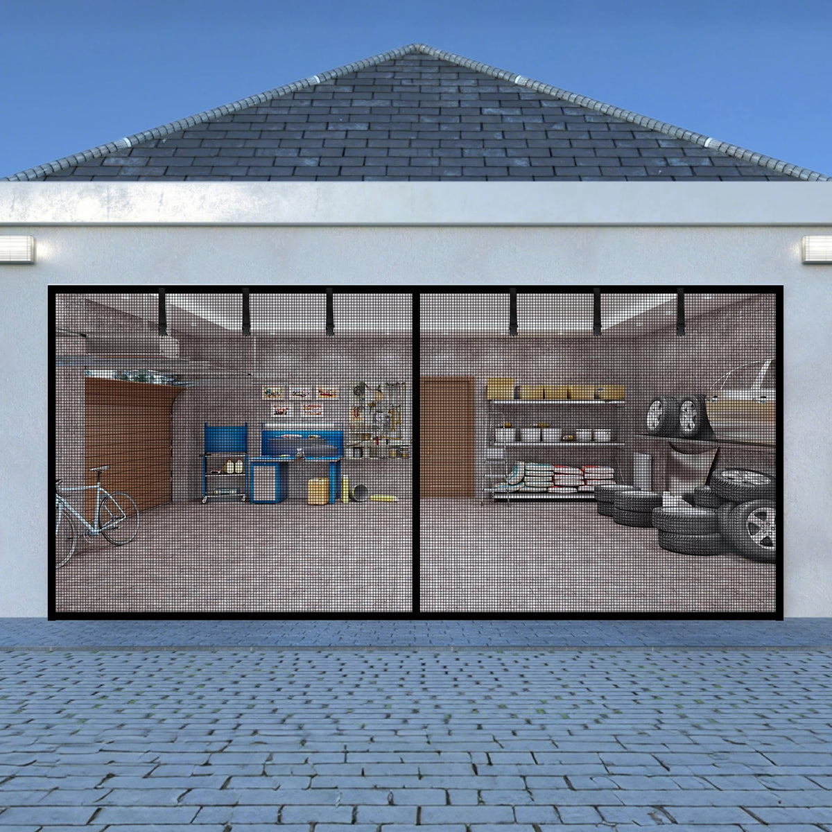 LIAMST garage screen front view provides open airflow for the two-car opening.
