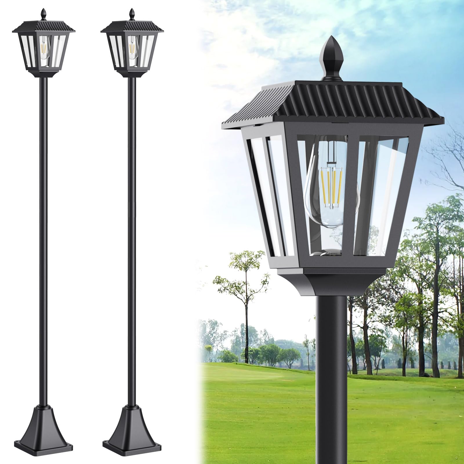 LIANGLOME 68-inch solar lamp post base silhouette glows warmly along the entry path for evening safety.