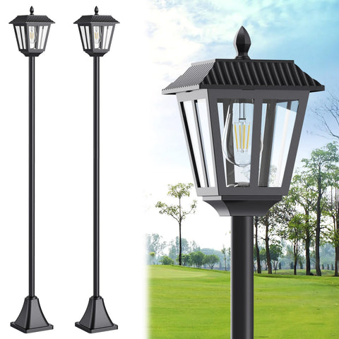 LIANGLOME 68-inch solar lamp post base silhouette glows warmly along the entry path for evening safety.