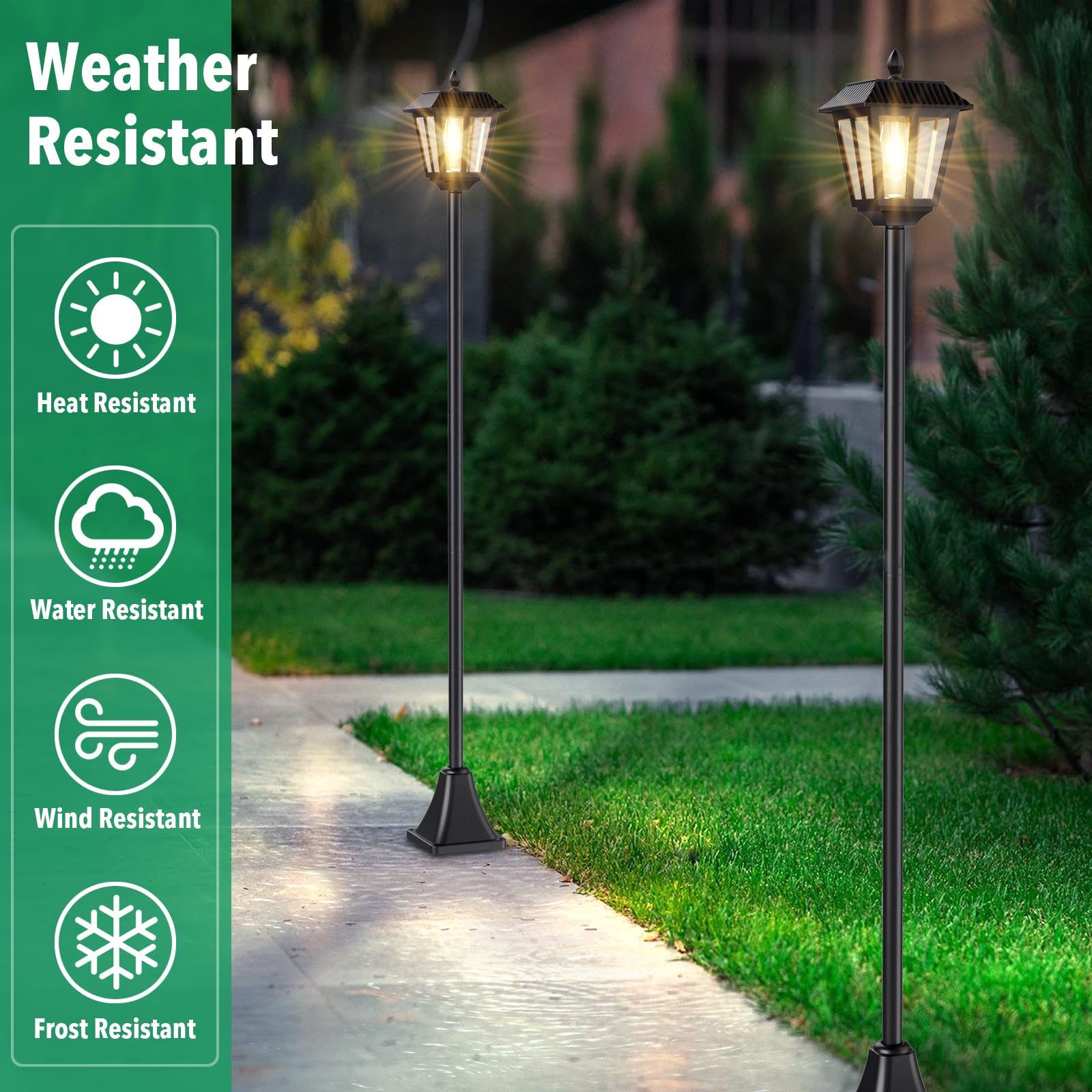 LIANGLOME solar lamp post lights at dusk, guiding guests to the patio.