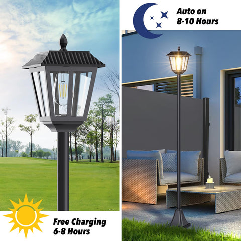 LIANGLOME 68-inch solar lamp post in garden view, casting welcoming light for outdoor spaces.