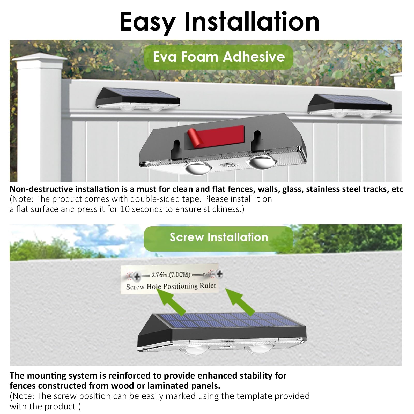 LIANGLOME adhesive-mount fence light for quick placement on smooth surfaces.