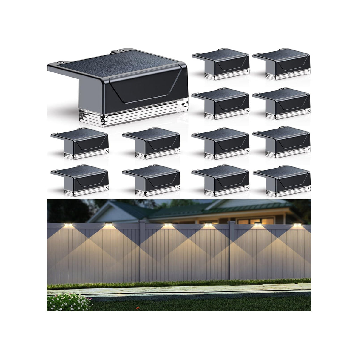 LIANGLOME solar fence light in dusk-dawn mode lighting outdoor pathways and entrances.