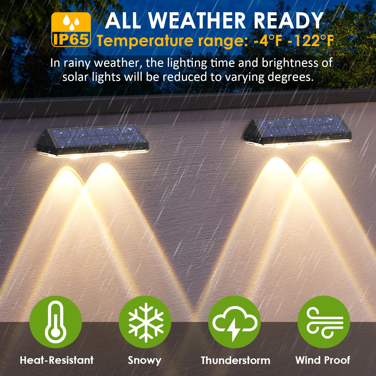 LIANGLOME IP44 waterproof fence light withstands rain and snow.