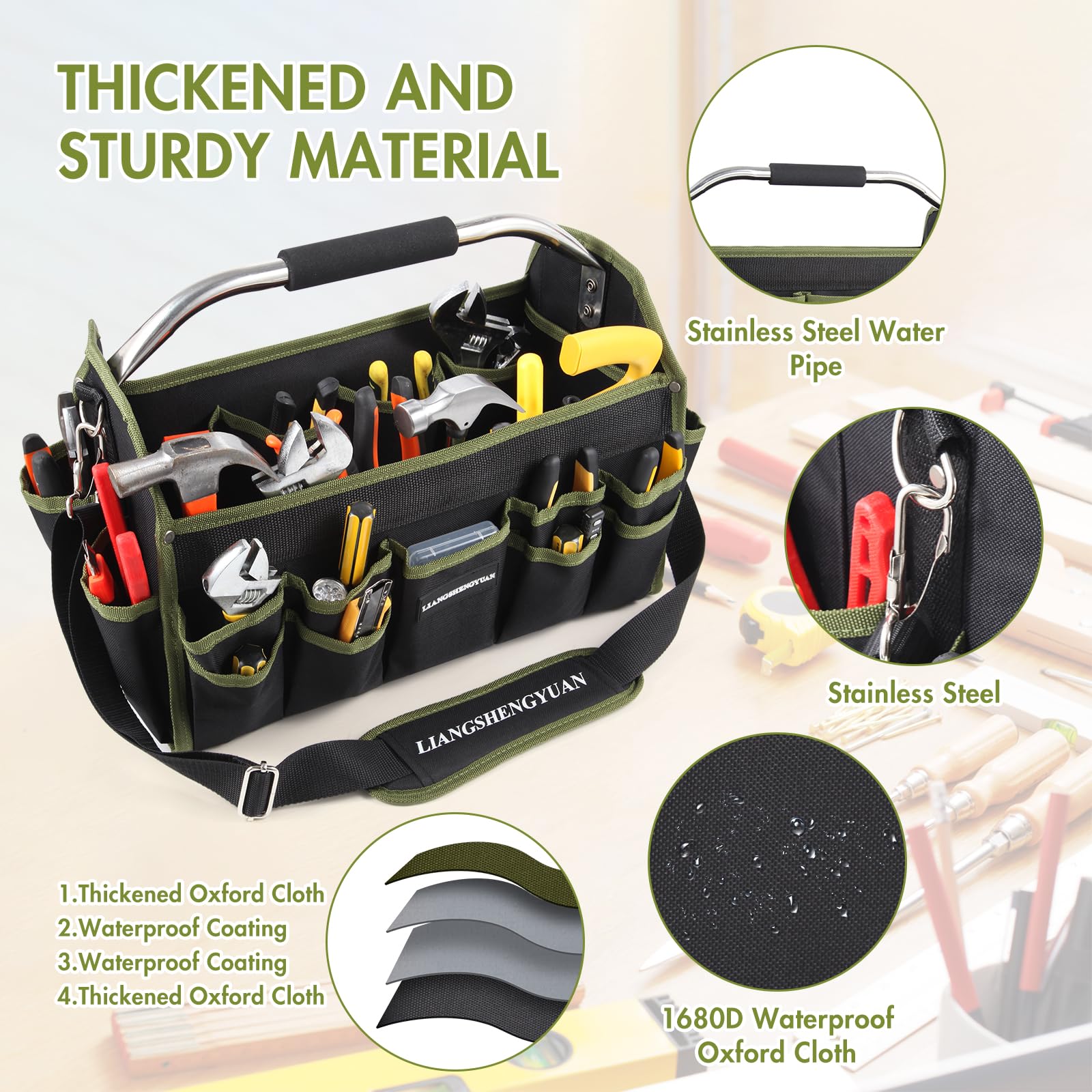Stainless steel handle with removable strap for comfort.