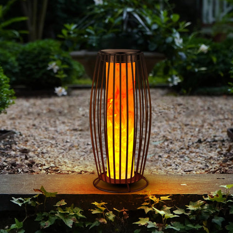 LIANGTUKING solar flame lantern on patio with warm glow and ambient lighting