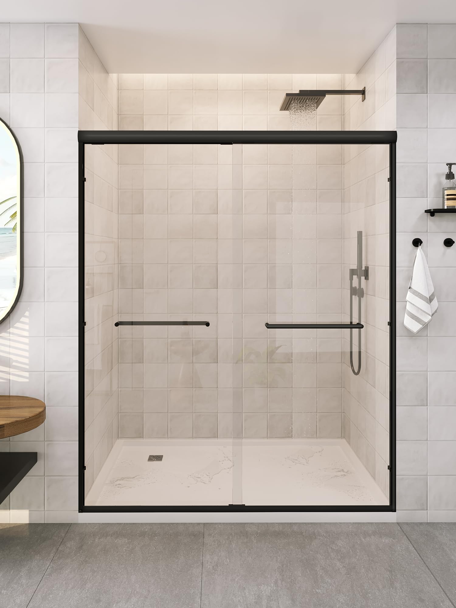 LianLobo matte black shower door front view in semi-frameless style