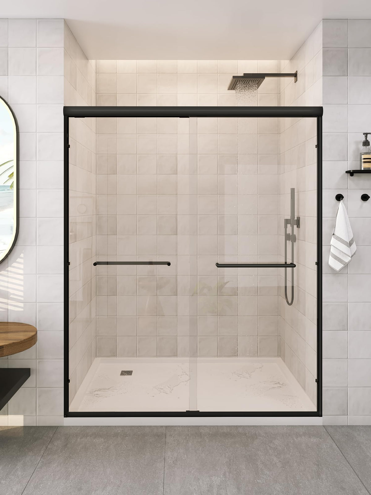 LianLobo matte black shower door front view in semi-frameless style