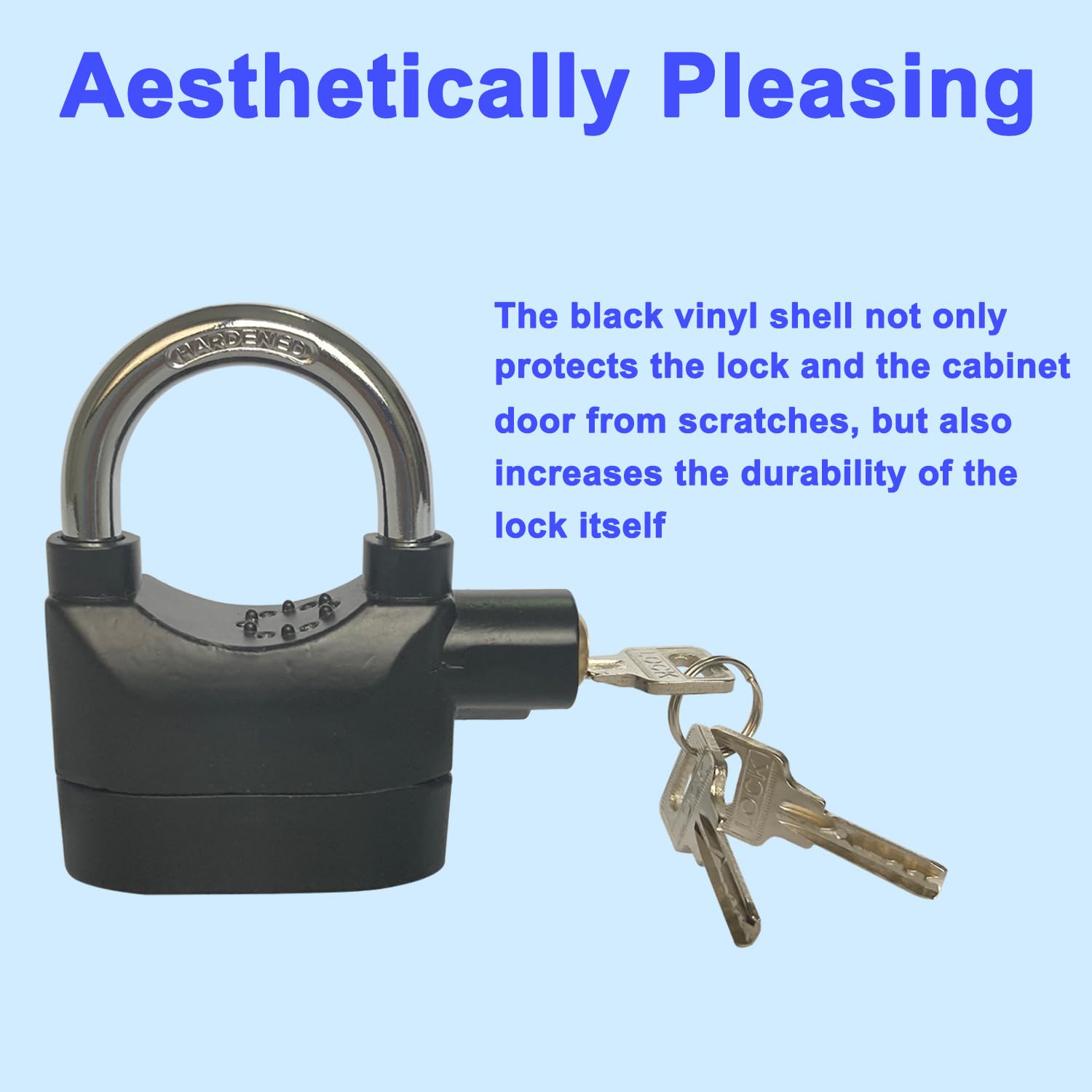 Packaging for Lianshi alarm lock showing included items.