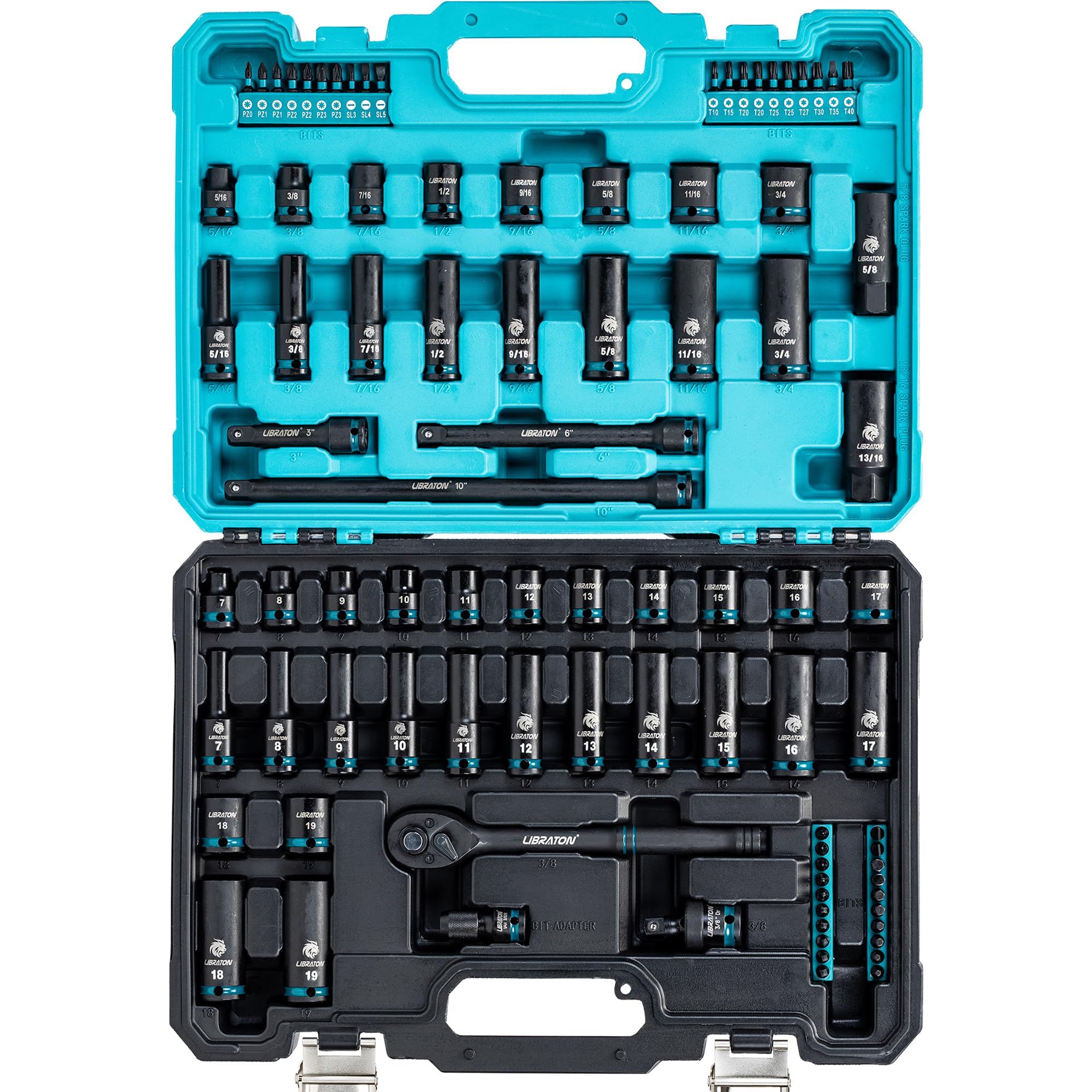 LIBRATON 3/8 drive socket set close-up showing organized case and finish for durability.