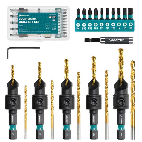LIBRATON Countersink Bits Set 22pc ready for clean pilot holes and precise screw seating.