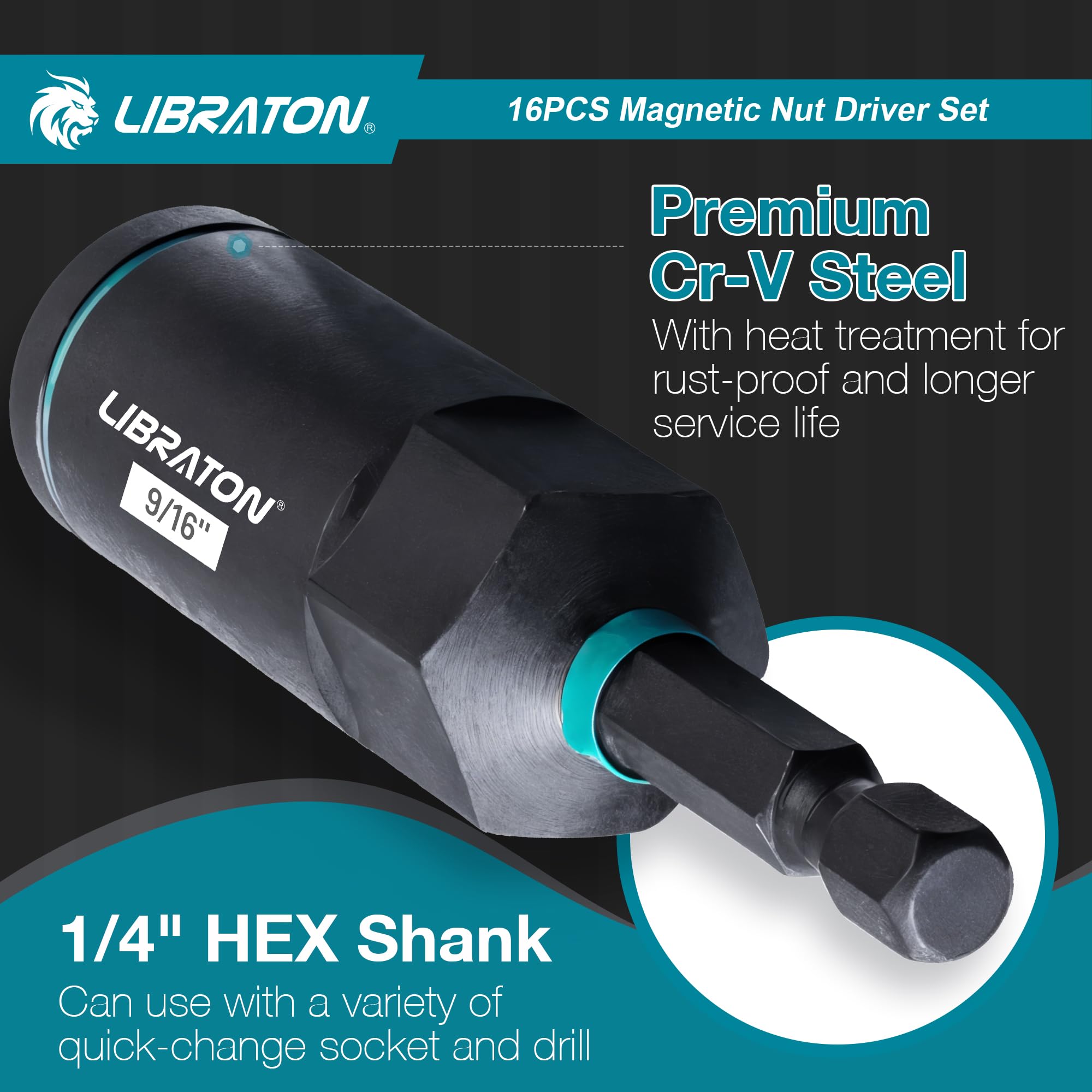LIBRATON premium Cr-V steel nut drivers for durability