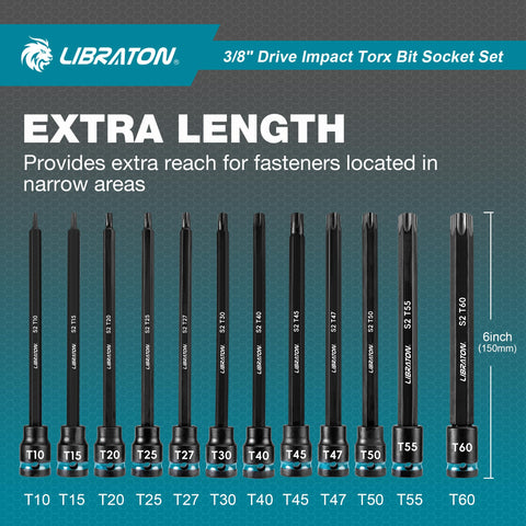 LIBRATON torx bits show laser-etched sizes for quick selection.