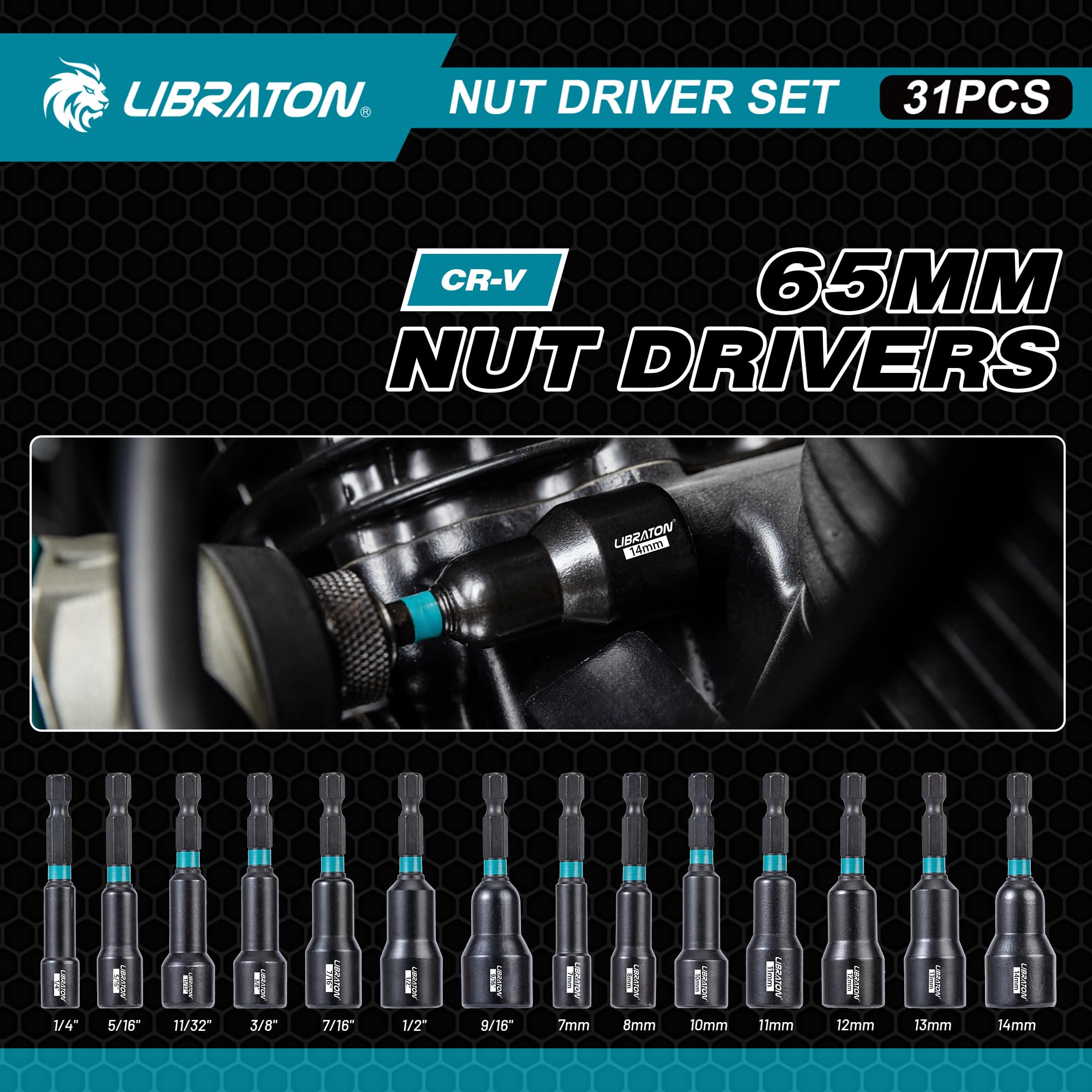 LIBRATON 6-inch long nut drivers close-up highlighting reach.