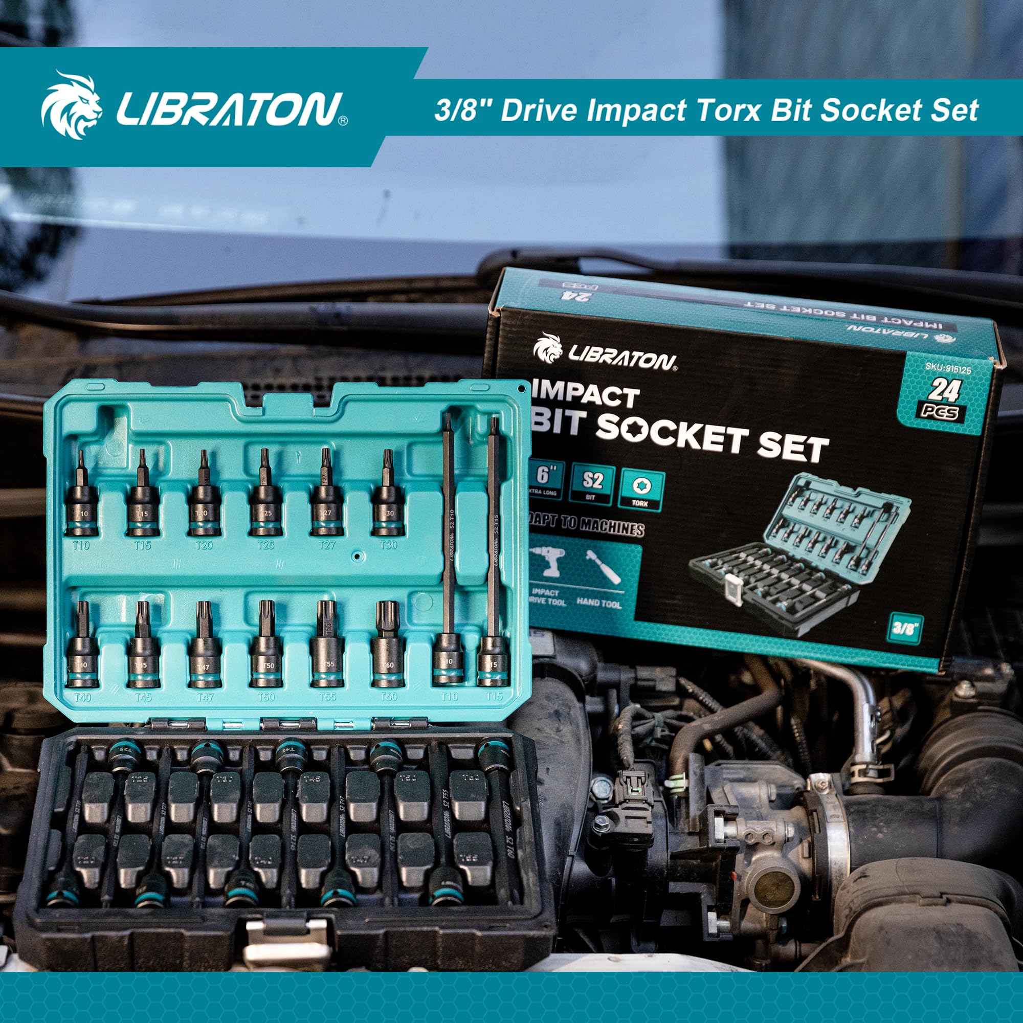 LIBRATON 3/8-inch drive set with secure torque grip for reduced slippage.