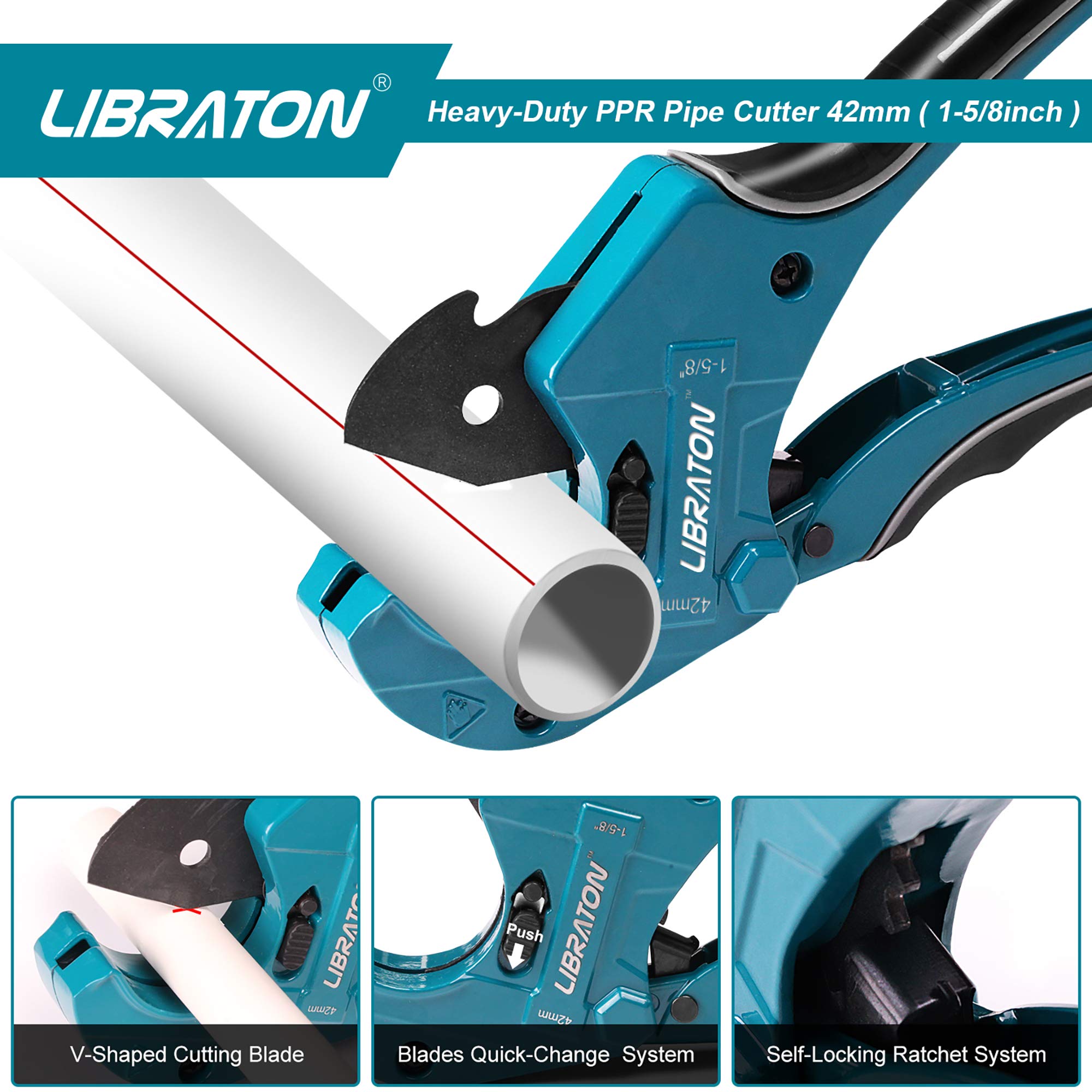 LIBRATON PVC Cutter showing ratcheting mechanism enables fast, controlled cuts for multiple pipe types.