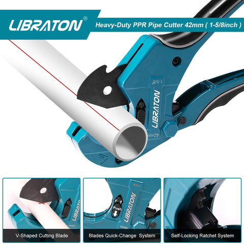 LIBRATON PVC Cutter showing ratcheting mechanism enables fast, controlled cuts for multiple pipe types.
