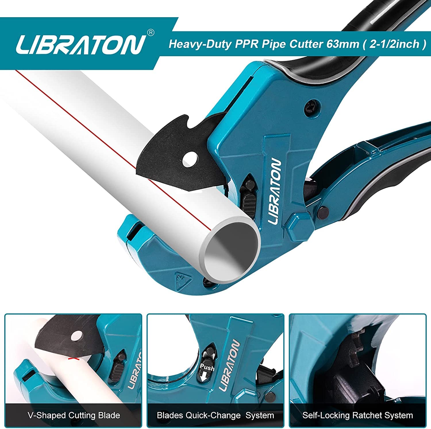 LIBRATON PVC pipe cutter showing capacity up to 2-1/2 inches for large pipes.