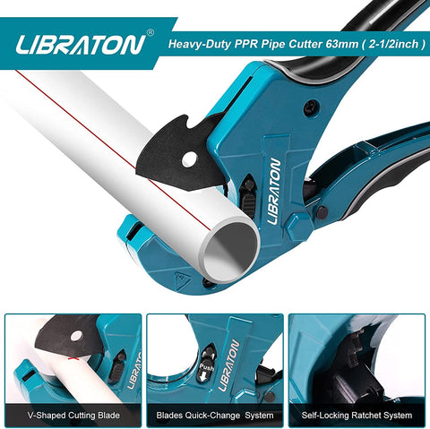 LIBRATON PVC pipe cutter showing capacity up to 2-1/2 inches for large pipes.