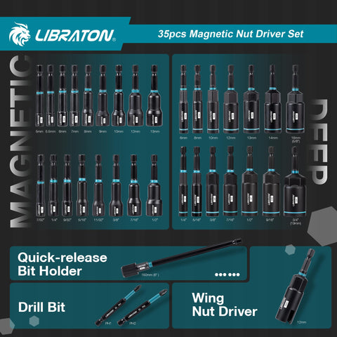LIBRATON SAE magnetic nut drivers (7/32"–1/2") for versatile fasteners