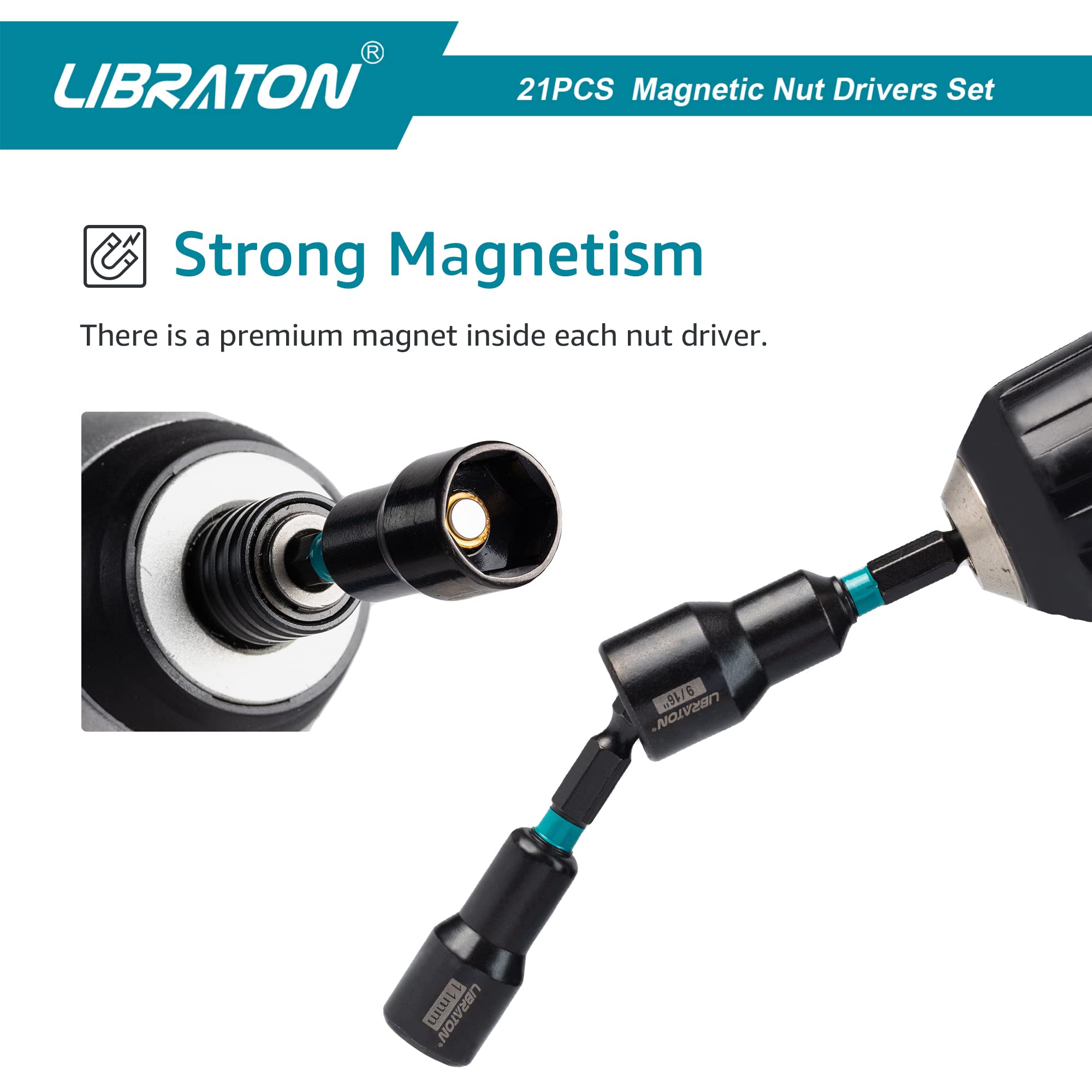 LIBRATON SAE nut driver set with magnetic tips for reliable fastener retention