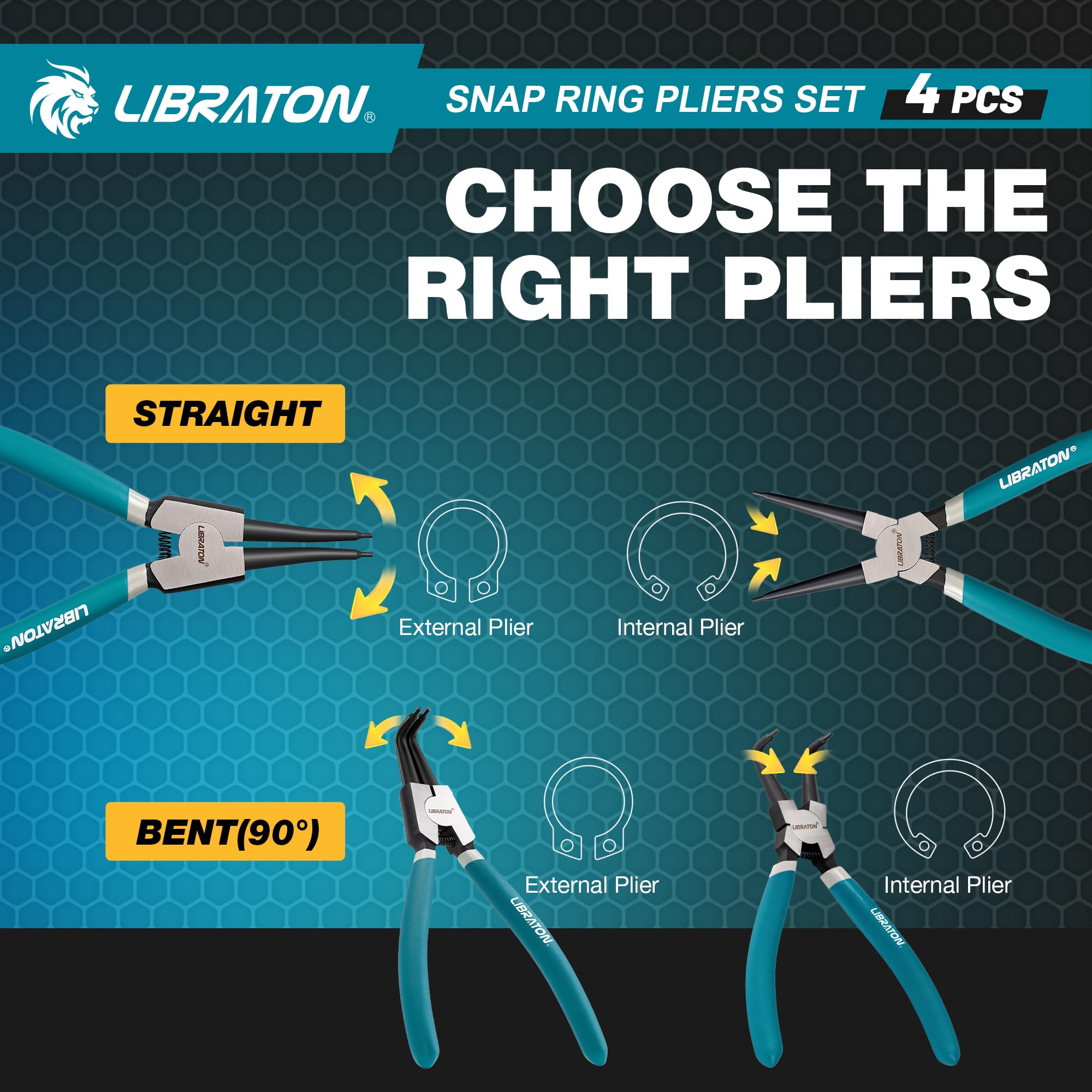 LIBRATON Snap Ring Pliers 90-degree external 32mm, enabling access behind obstructions.
