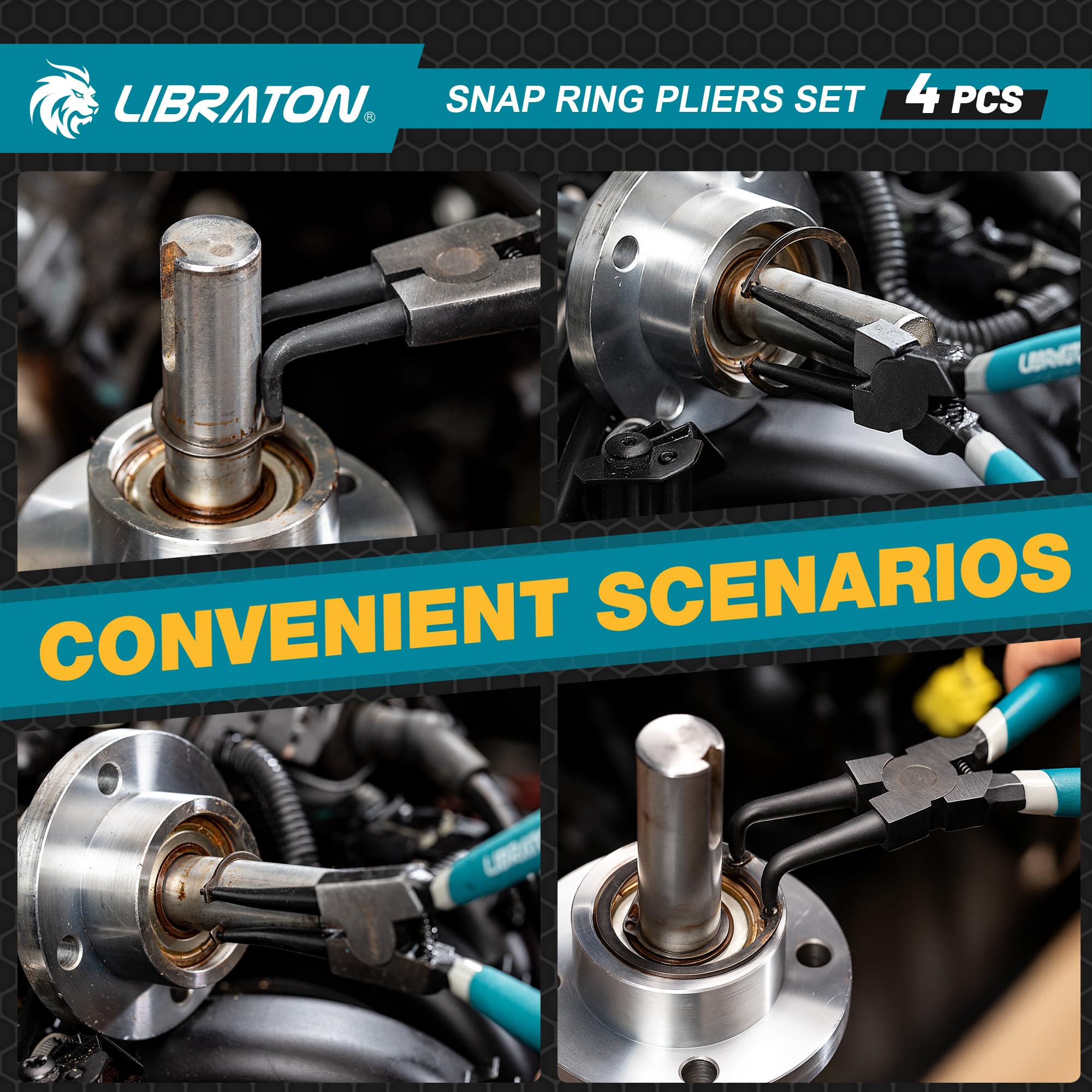 LIBRATON Snap Ring Pliers spring-loaded mechanism, one-hand operation for quick installs.