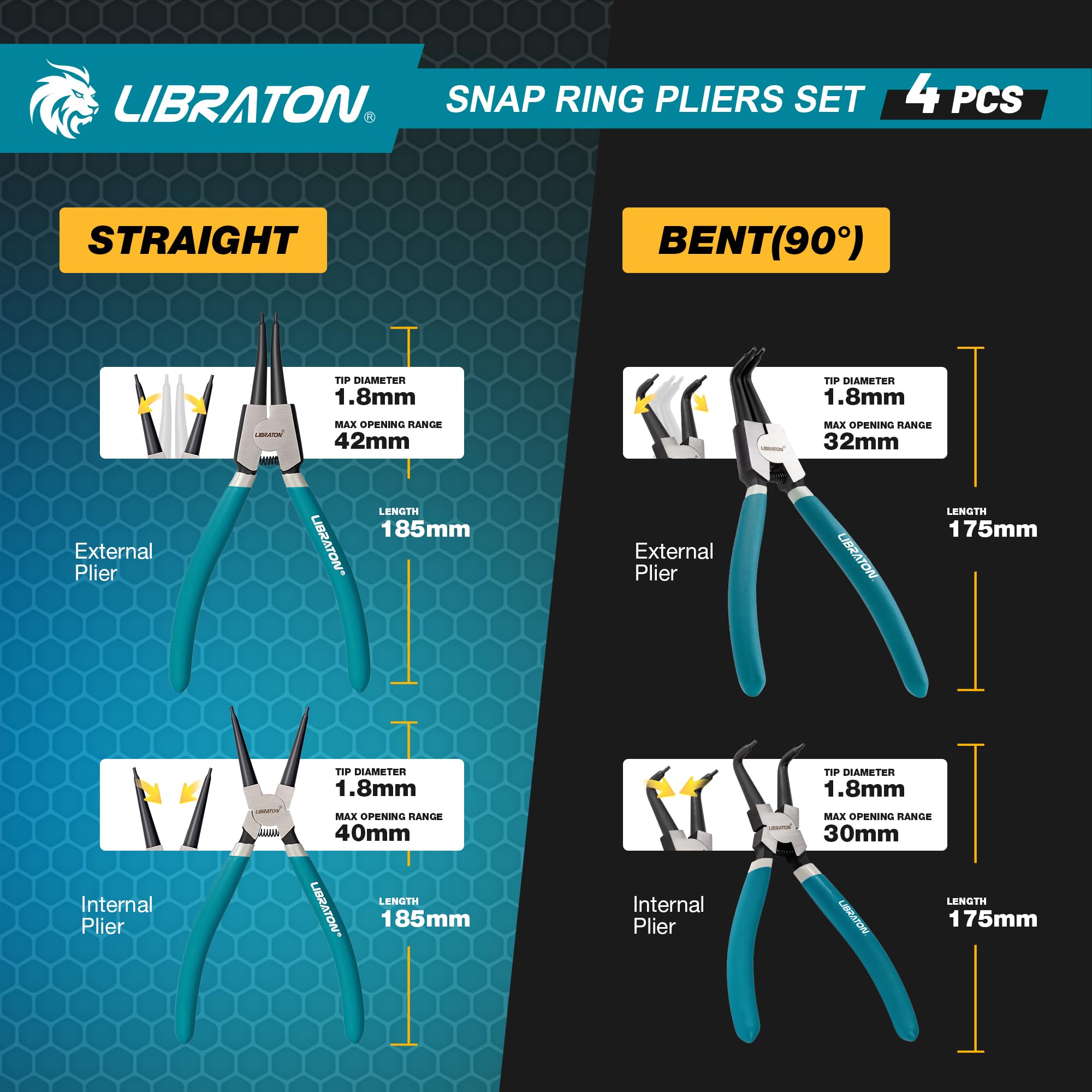 LIBRATON Snap Ring Pliers straight internal 42mm, reaches internal circlips with ease.