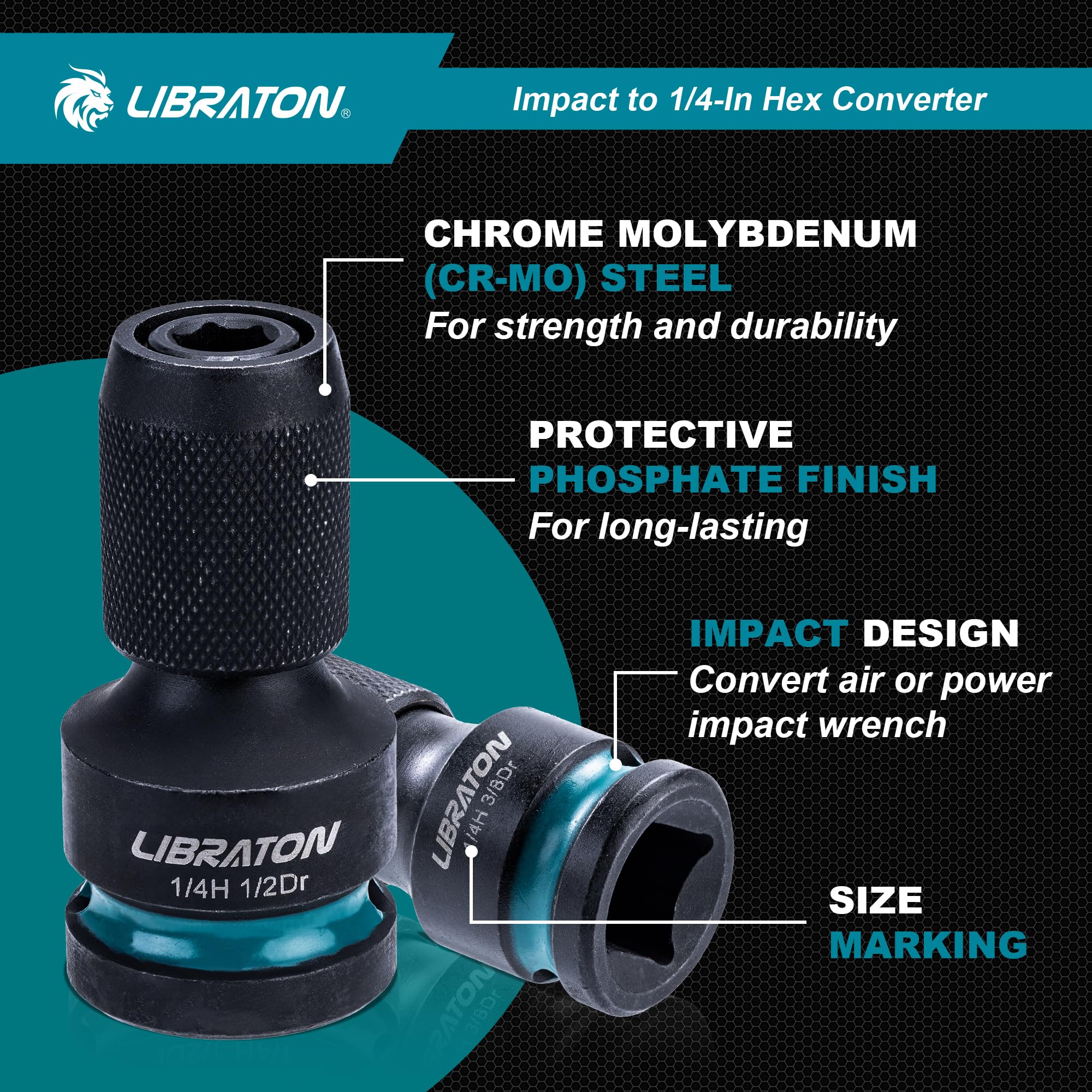 LIBRATON socket adapters 1/2, 3/8, 1/4 drive support various tools.