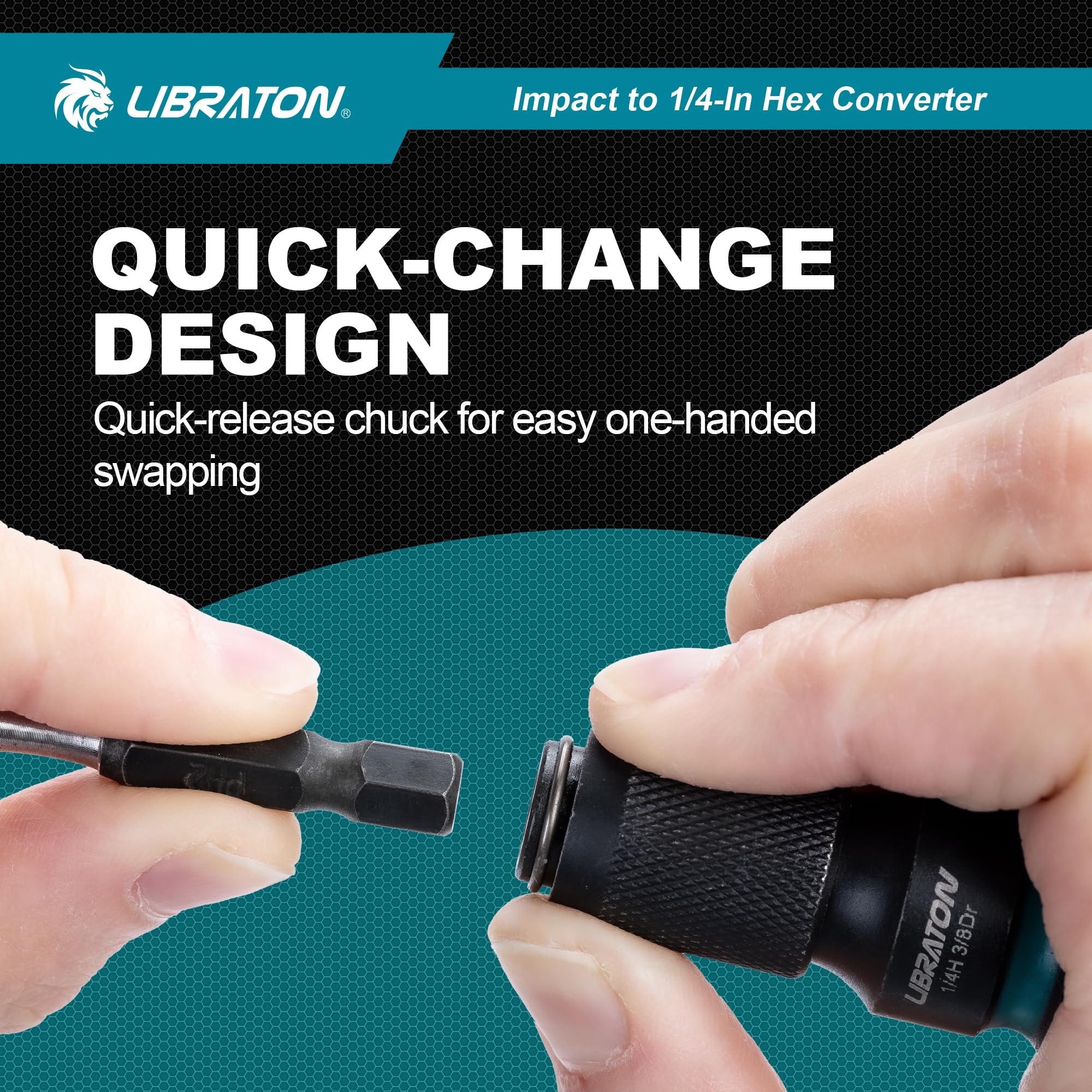 LIBRATON square-to-hex adapter enables socket-to-bit conversions on impact tools.