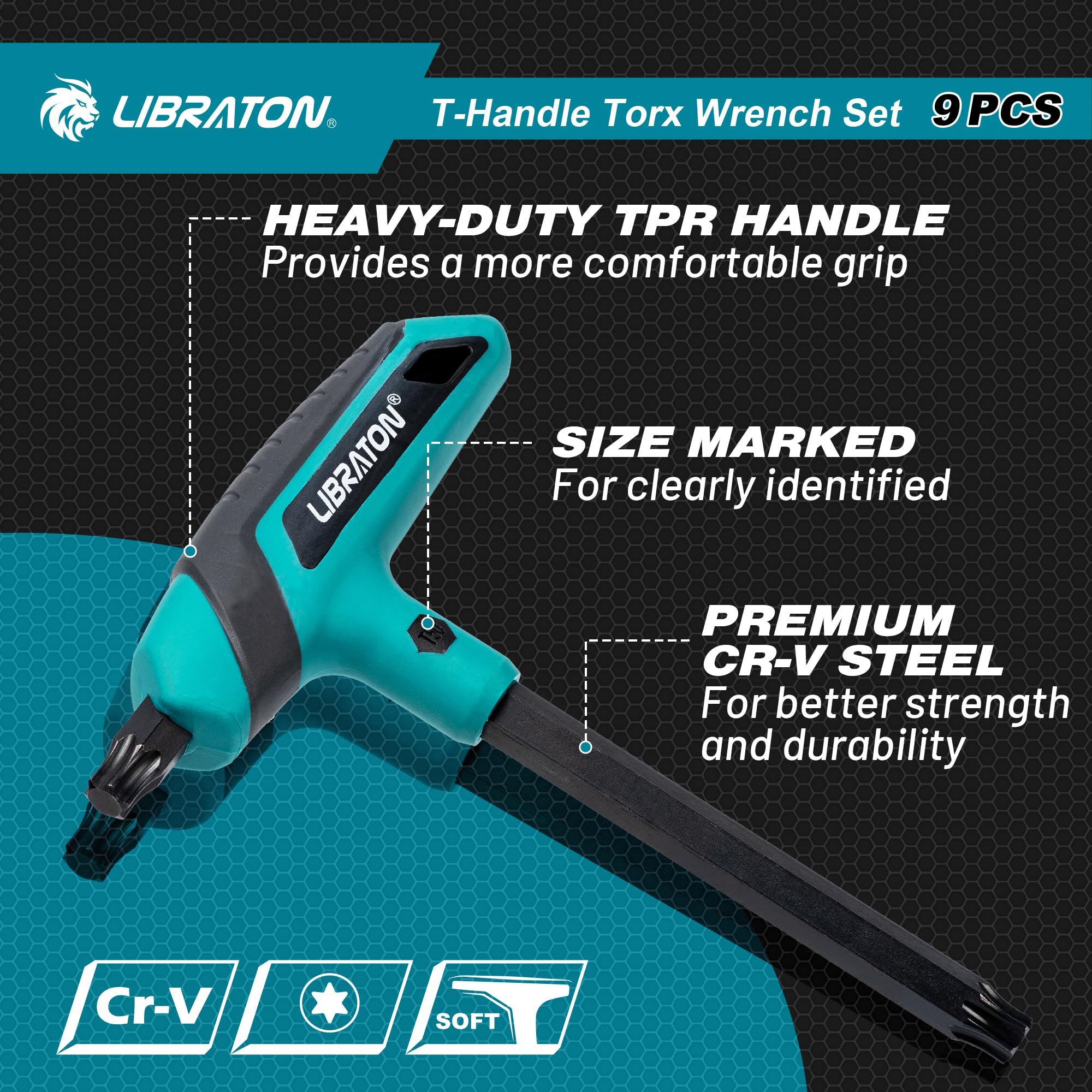 LIBRATON ergonomic T-handle for comfy grip and greater torque.