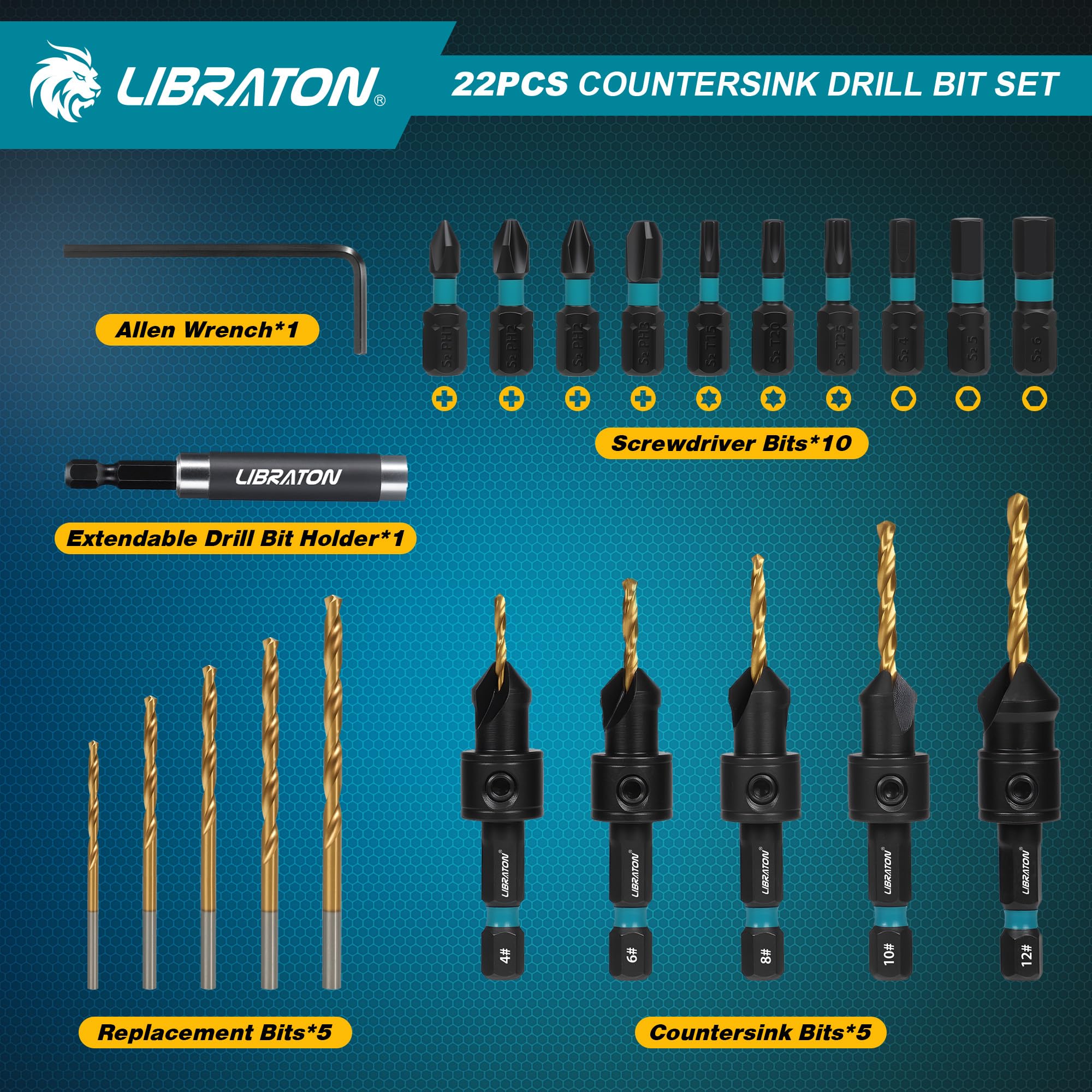 LIBRATON Titanium-coated High-Speed Steel bits deliver durability for softwood and hardwood tasks.