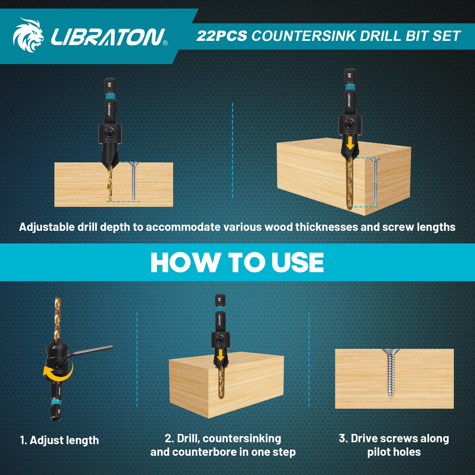 LIBRATON Woodworking Countersink System enables combined drilling and countersinking.