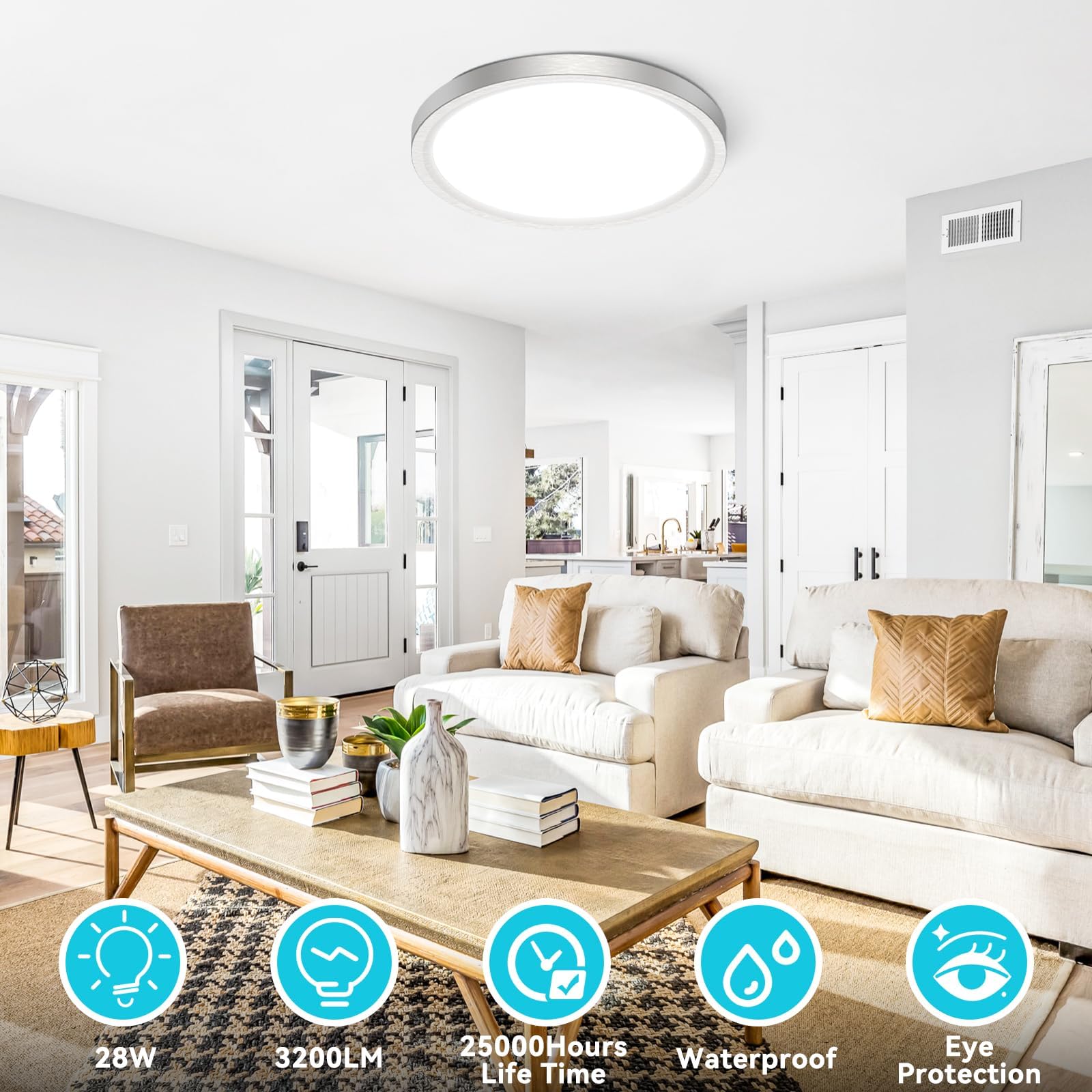 Close-up of libtit brushed-nickel ceiling light highlighting modern design and safety features.