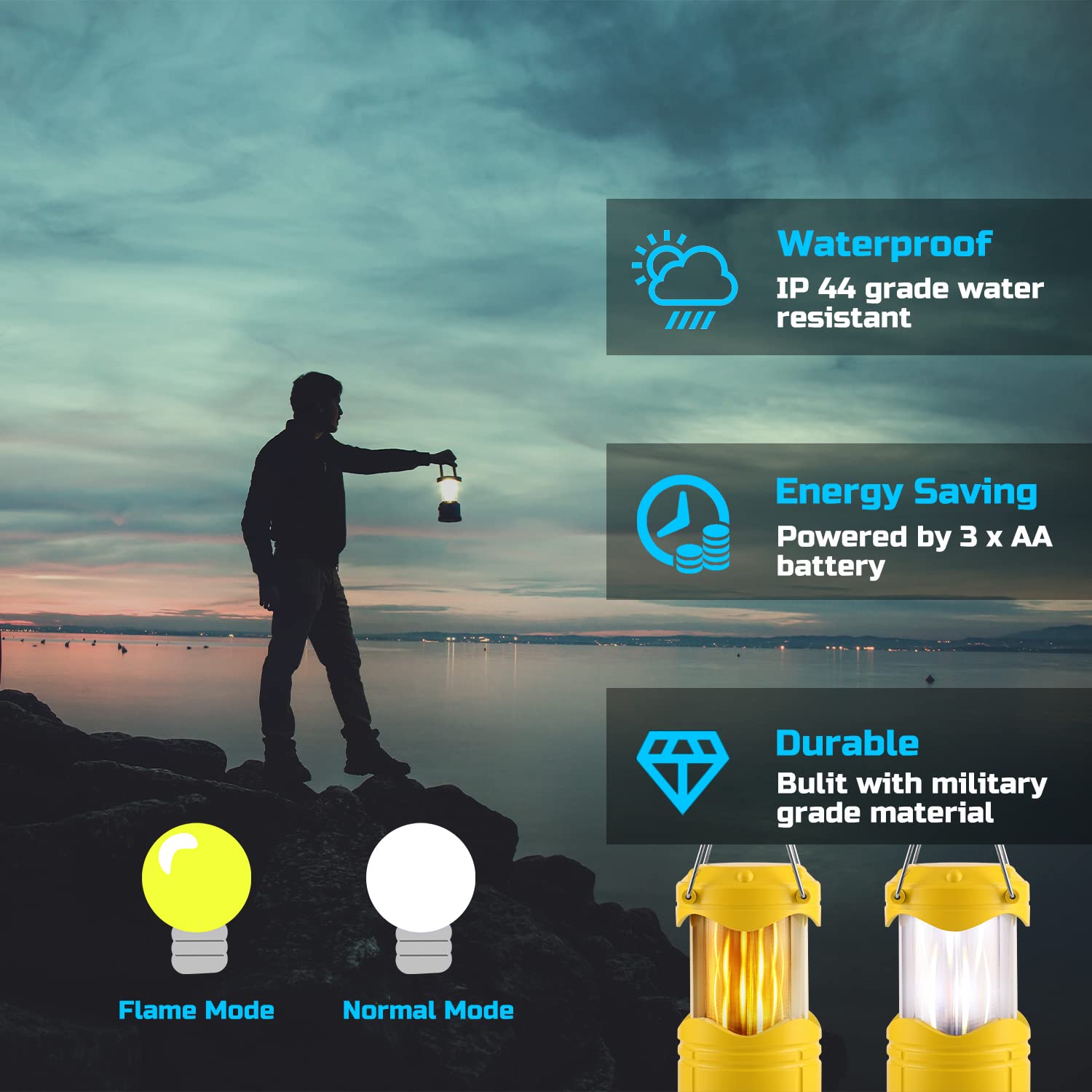 Lichamp 3-AA battery powered lantern uses pull-up brightness control for quick adjustments