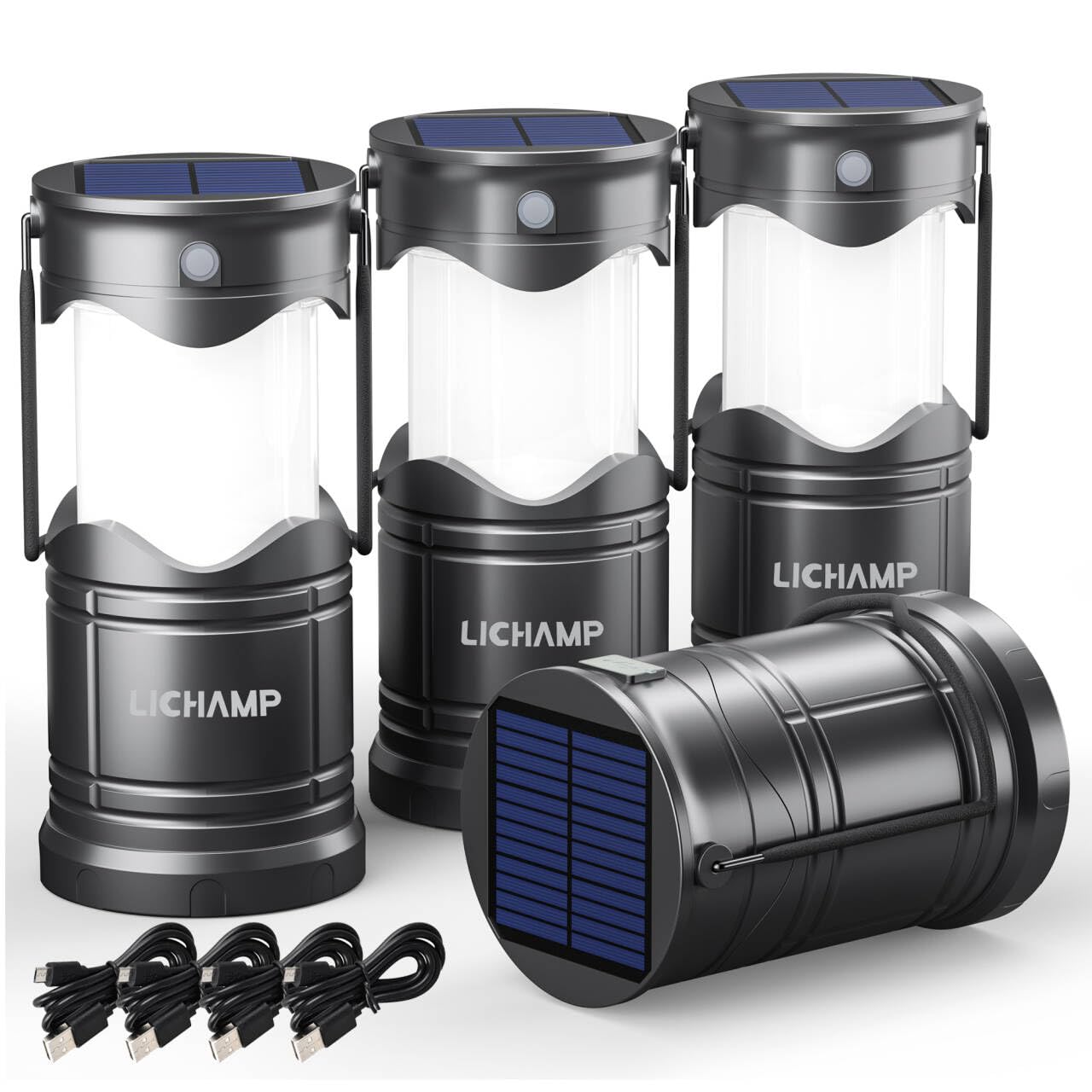 Lichamp four-pack solar camping lanterns, compact for travel and reliable outdoor lighting.