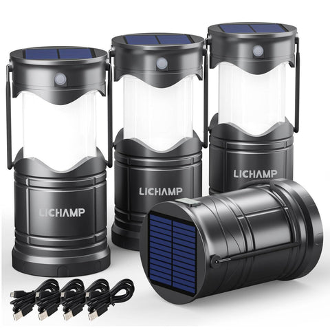 Lichamp four-pack solar camping lanterns, compact for travel and reliable outdoor lighting.