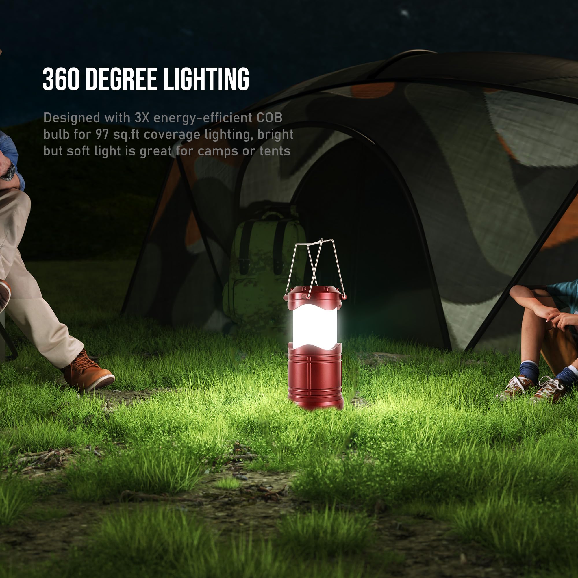 Hanging hook design enables hands-free illumination in tents.