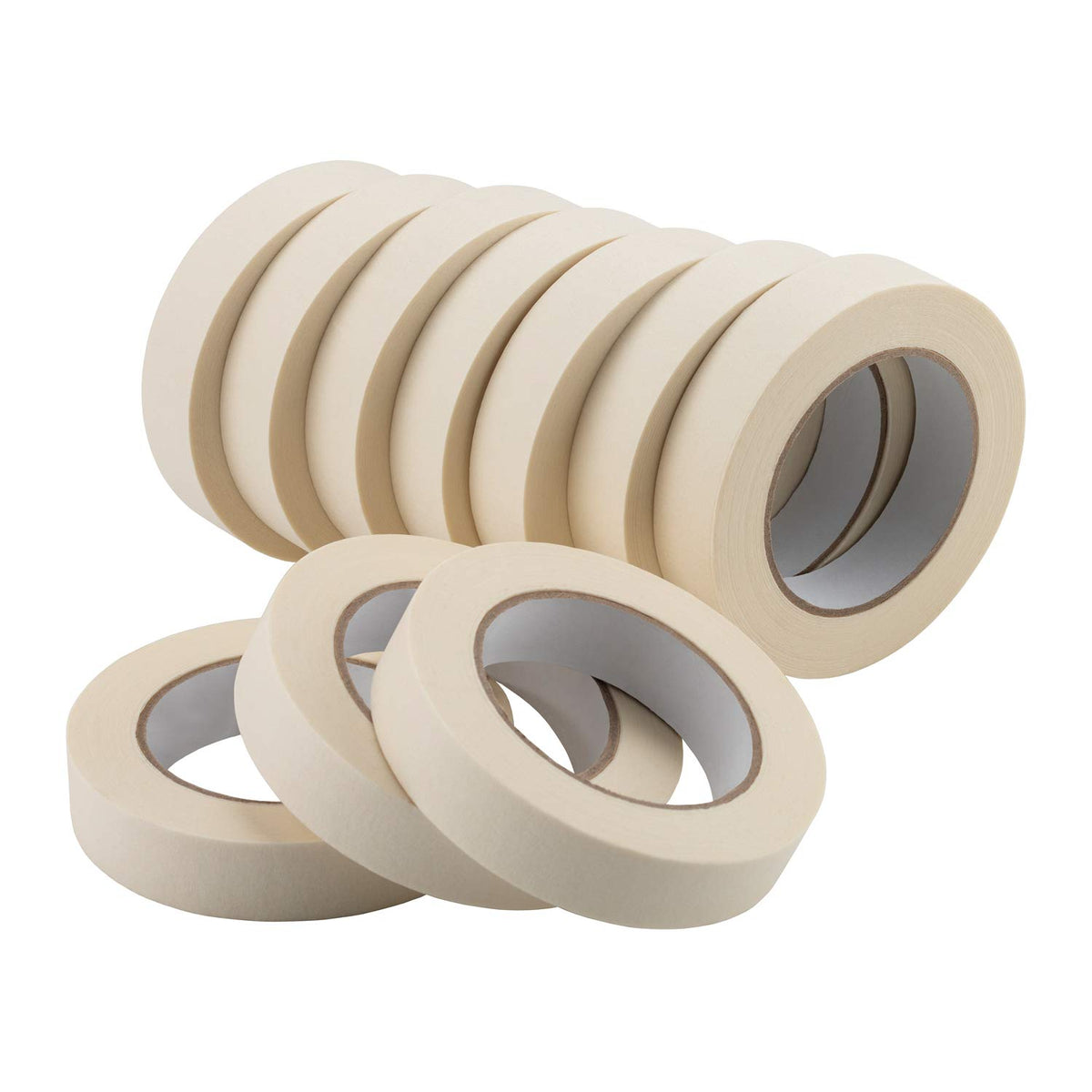 Lichamp masking tape 1in 10-roll pack on table for painting prep and light sealing.