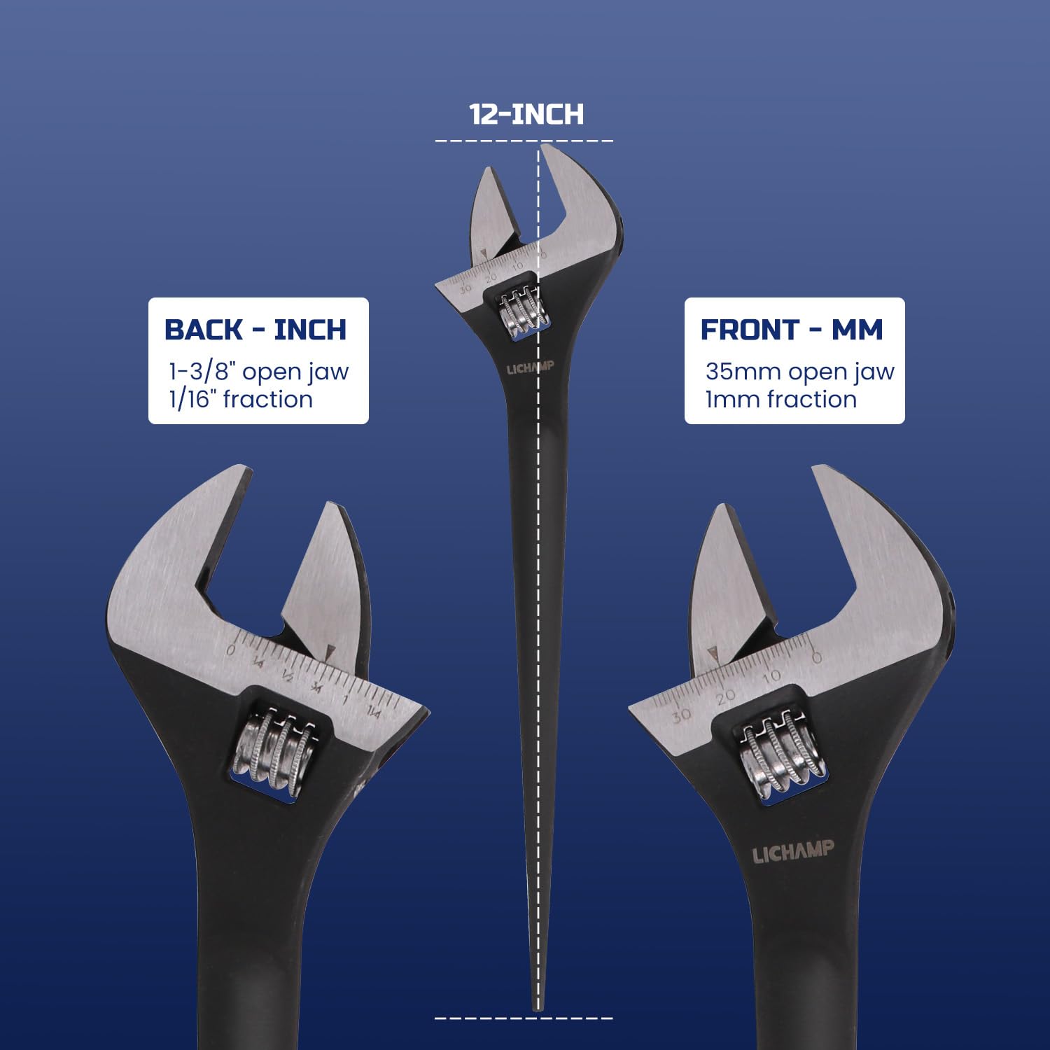 Lichamp 12in spud wrench black oxide finish resists corrosion.