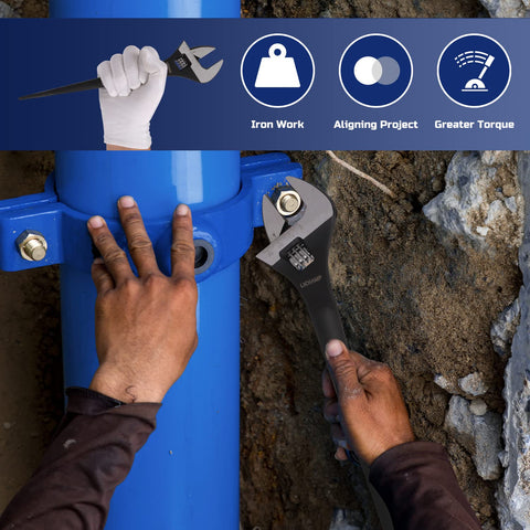 Lichamp 12in spud wrench in-use scenario shows practical leverage on bolts.