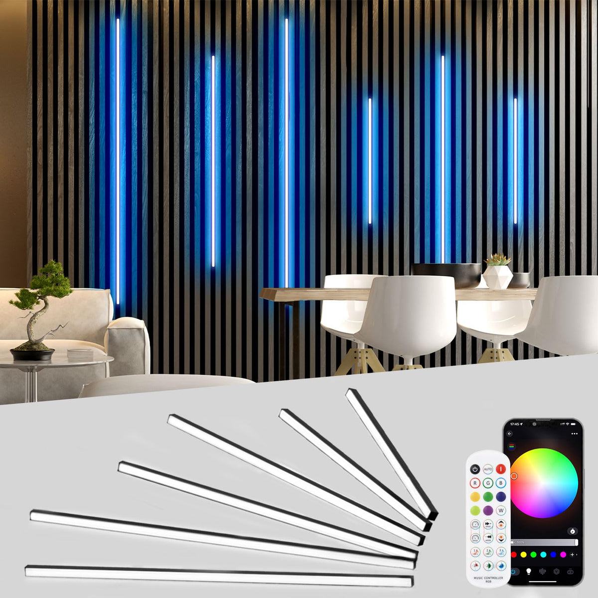 Lichaser RGB black recessed light 36-inch set installed in wood slat panel for ambient lighting