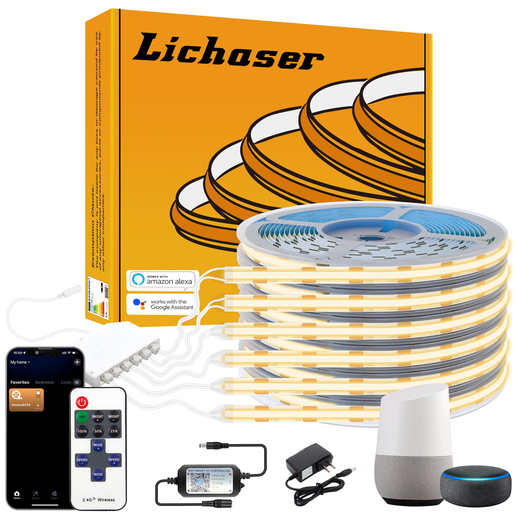 Lichaser wifi COB LED strip on wood slat wall for ambient lighting