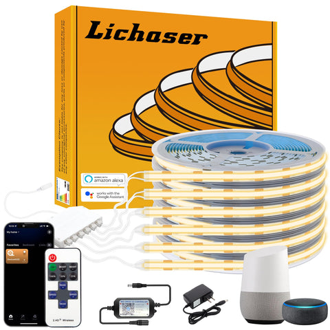 Lichaser wifi COB LED strip on wood slat wall for ambient lighting